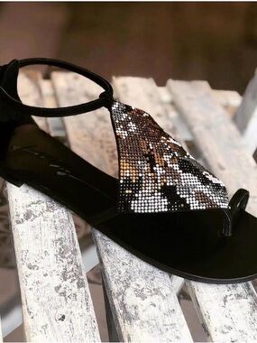 Lola Cruz Women’s Black Suede and Multicolor Crystal Sandals Size 9